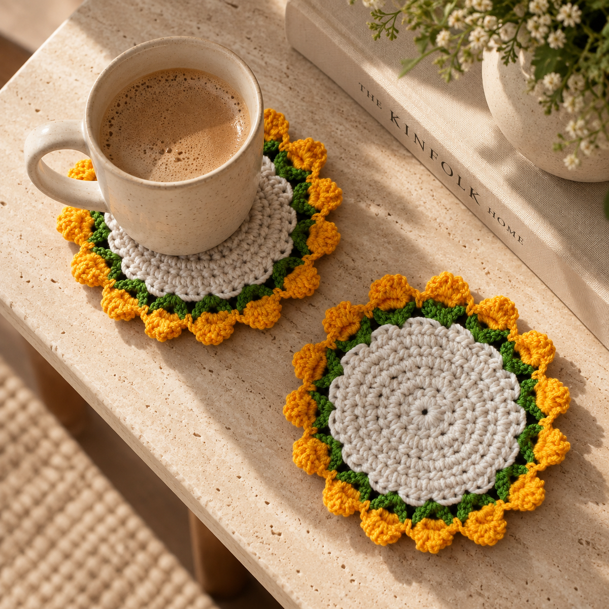 Crochet Coasters Set of 2 Flower Edge