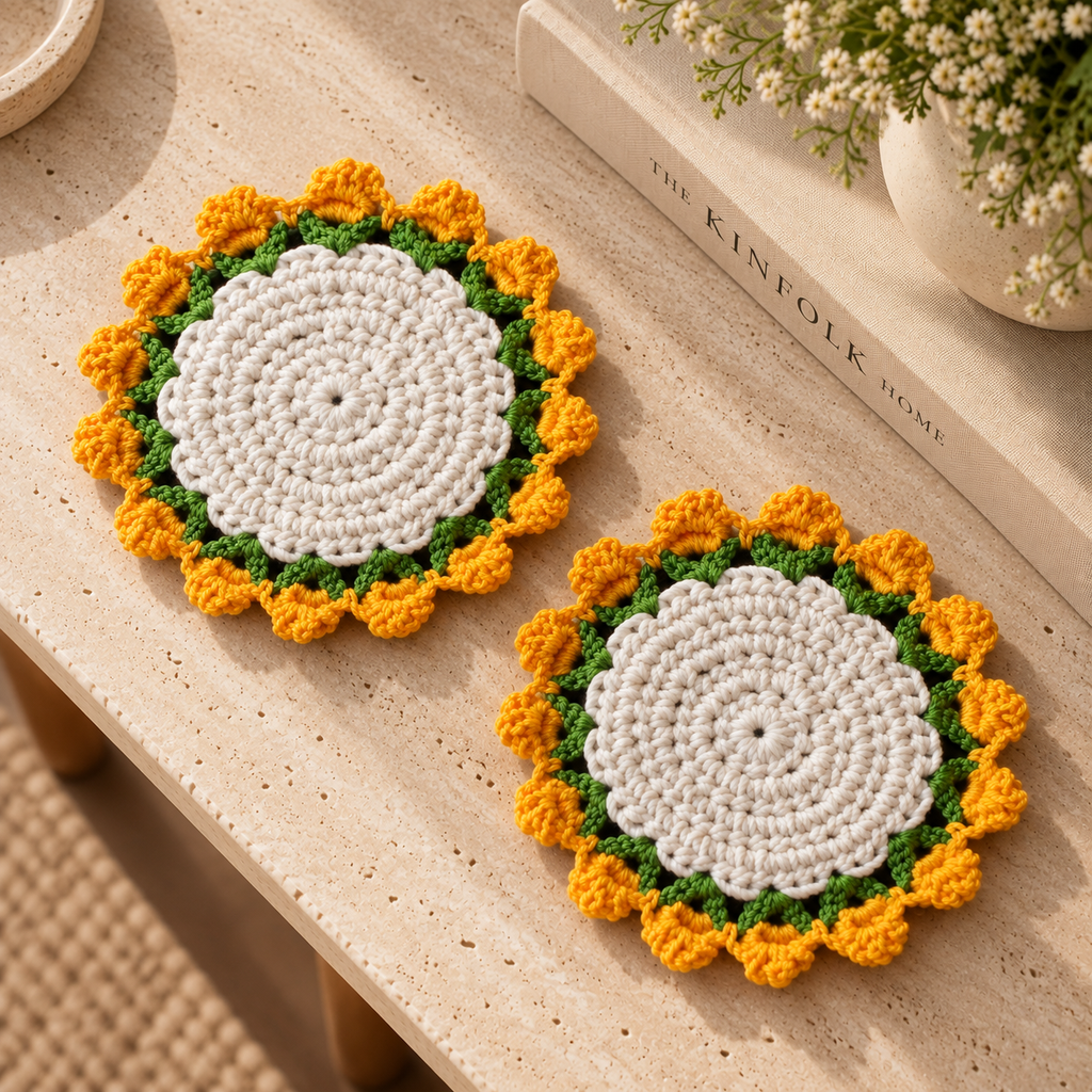 Crochet Coasters Set of 2 Flower Edge